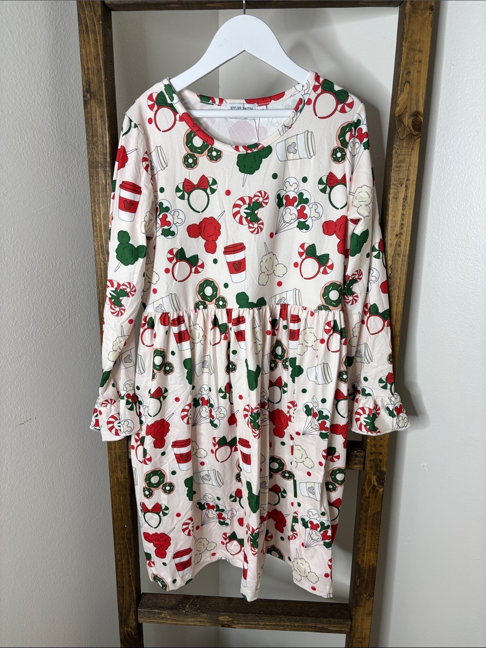 Girls Disney Cream Holiday Print Long Sleeve Dress Size 8/9